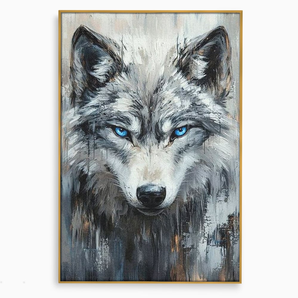 Tablou canvas cu tablou canvas cu portret de lup, in rama de aluminiu auriu
